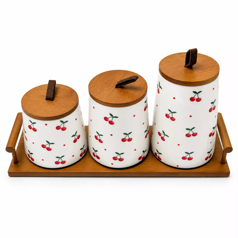3-Piece Ceramic Storage Canister Set with Cherry Pattern & Wooden Tray