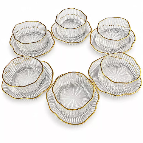 Gold Rim Glass Serving Bowl Set with Saucers – 12 Pieces
