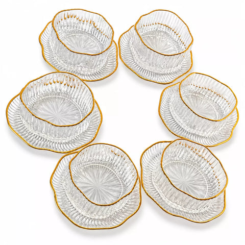 Gold Rim Glass Serving Bowl Set with Saucers – 12 Pieces