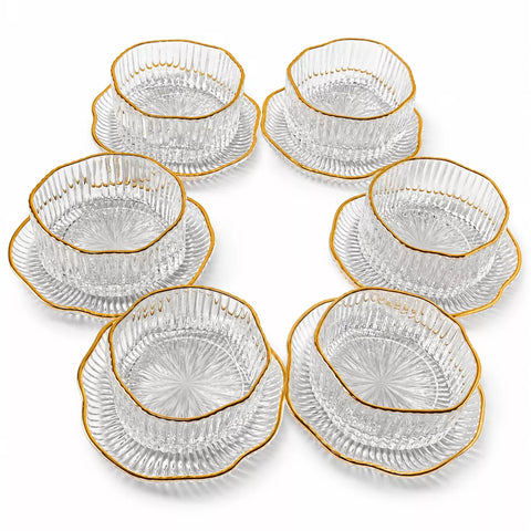 Gold Rim Glass Serving Bowl Set with Saucers – 12 Pieces