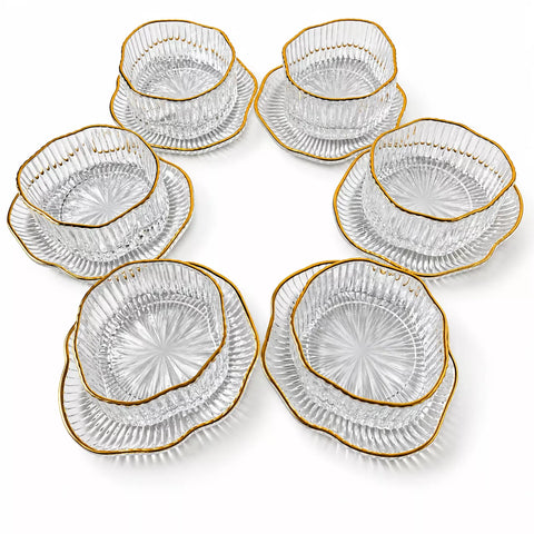Gold Rim Glass Serving Bowl Set with Saucers – 12 Pieces