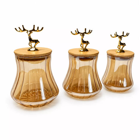 3-Piece Ribbed Glass Storage Jar Set with Bamboo Lids & Gold Deer Handles