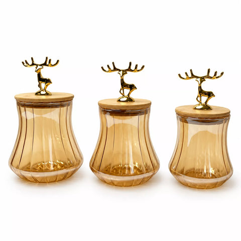 3-Piece Ribbed Glass Storage Jar Set with Bamboo Lids & Gold Deer Handles