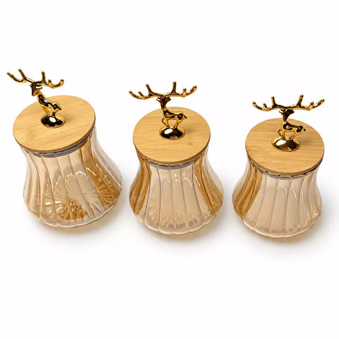 3-Piece Ribbed Glass Storage Jar Set with Bamboo Lids & Gold Deer Handles