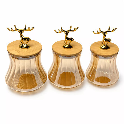 3-Piece Ribbed Glass Storage Jar Set with Bamboo Lids & Gold Deer Handles