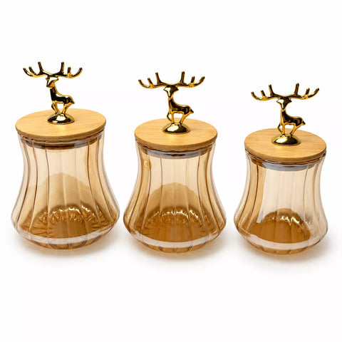 3-Piece Ribbed Glass Storage Jar Set with Bamboo Lids & Gold Deer Handles