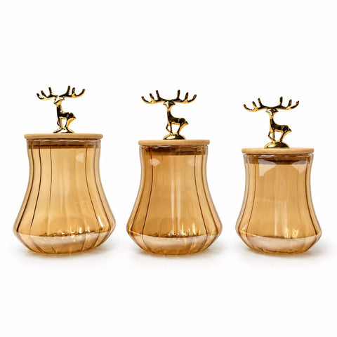 3-Piece Ribbed Glass Storage Jar Set with Bamboo Lids & Gold Deer Handles