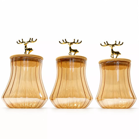 3-Piece Ribbed Glass Storage Jar Set with Bamboo Lids & Gold Deer Handles