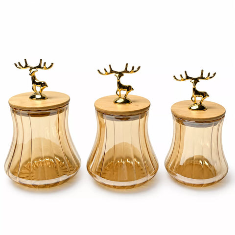 3-Piece Ribbed Glass Storage Jar Set with Bamboo Lids & Gold Deer Handles