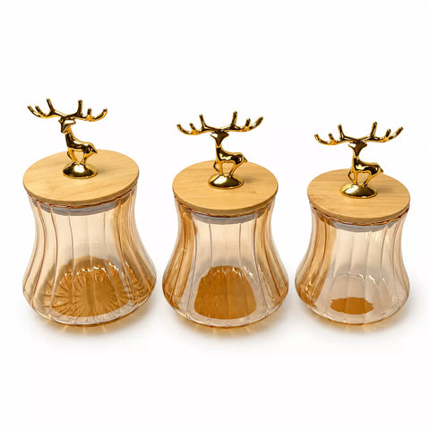 3-Piece Ribbed Glass Storage Jar Set with Bamboo Lids & Gold Deer Handles