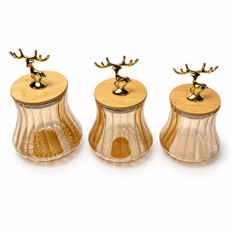 3-Piece Ribbed Glass Storage Jar Set with Bamboo Lids & Gold Deer Handles