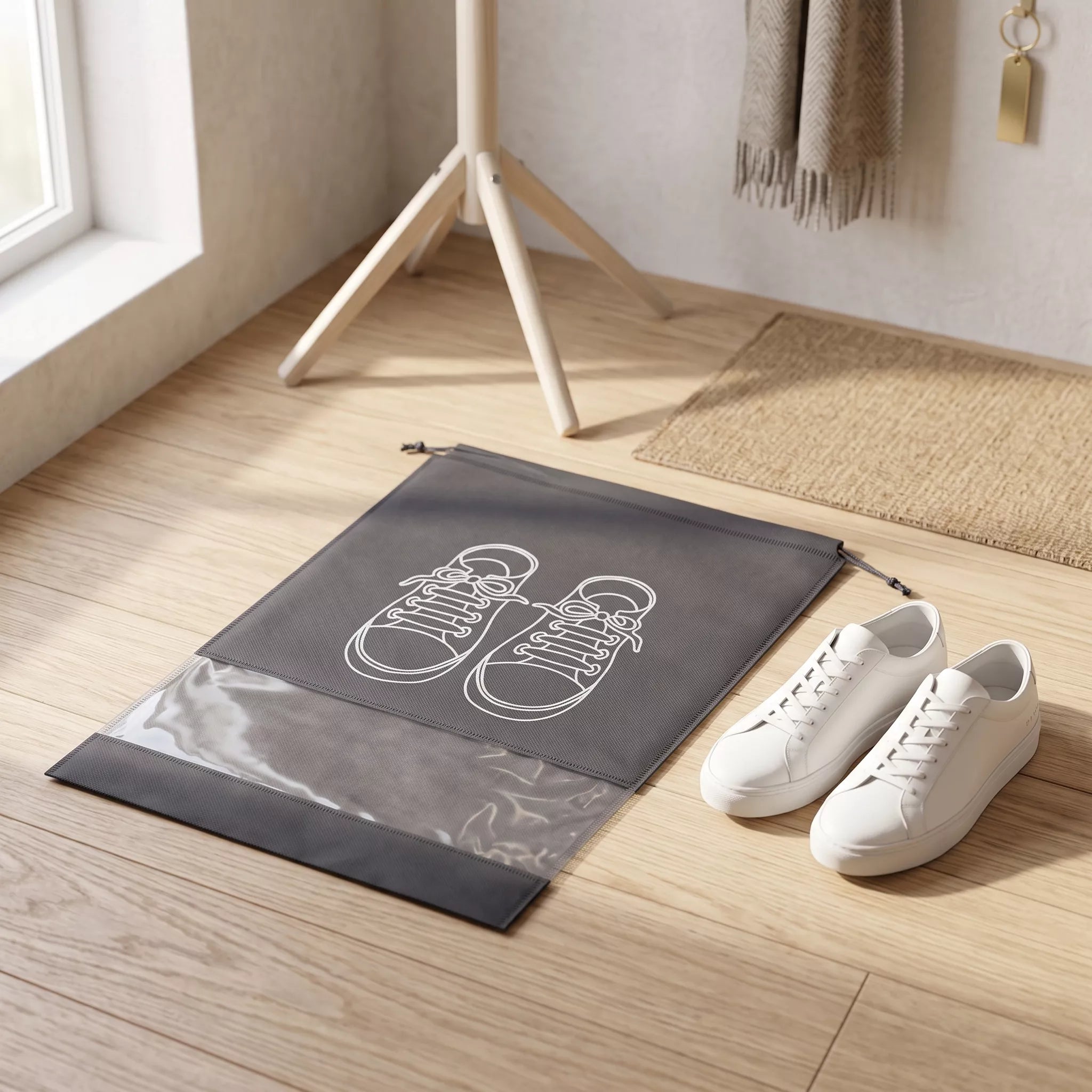 A dark gray shoe bag with a white shoe print and a clear front pocket, placed on a light wood floor next to a pair of white sneakers in a bright room.