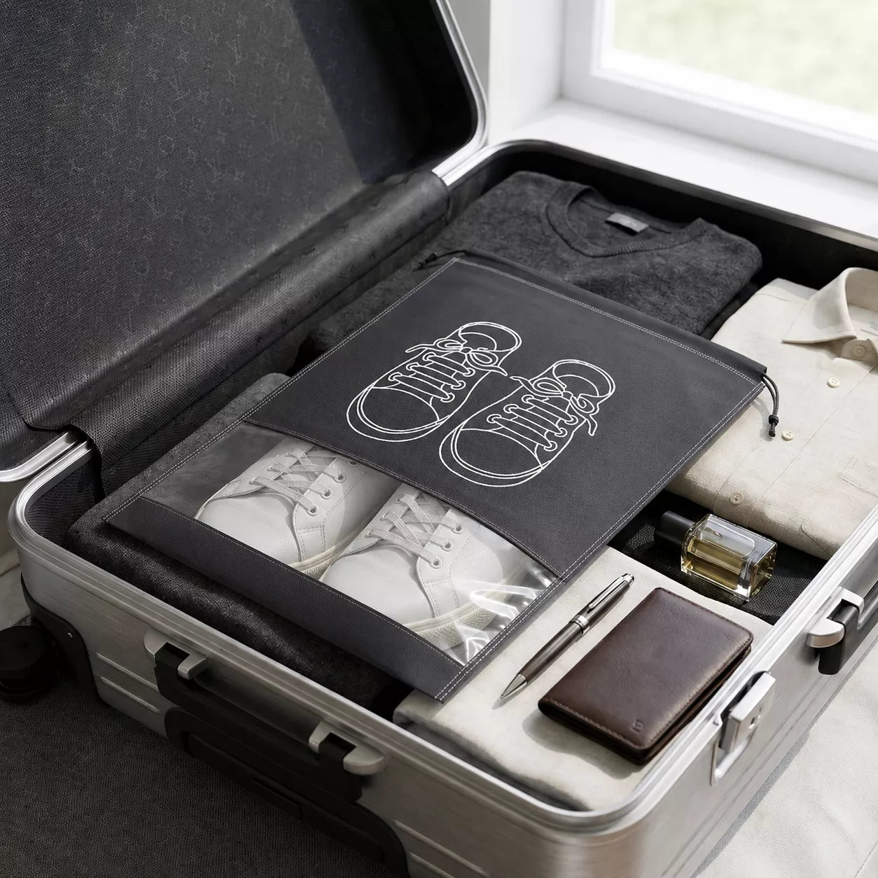 A gray fabric shoe bag with white line-art shoe illustrations is shown inside an open silver suitcase, alongside folded clothing, white sneakers, a pen, a wallet, and a small bottle.