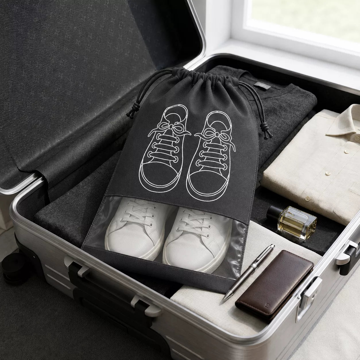 A black drawstring shoe bag with a white sneaker outline graphic is shown inside an open silver suitcase, alongside white sneakers, a folded cream shirt, a perfume bottle, a pen, and a brown wallet.