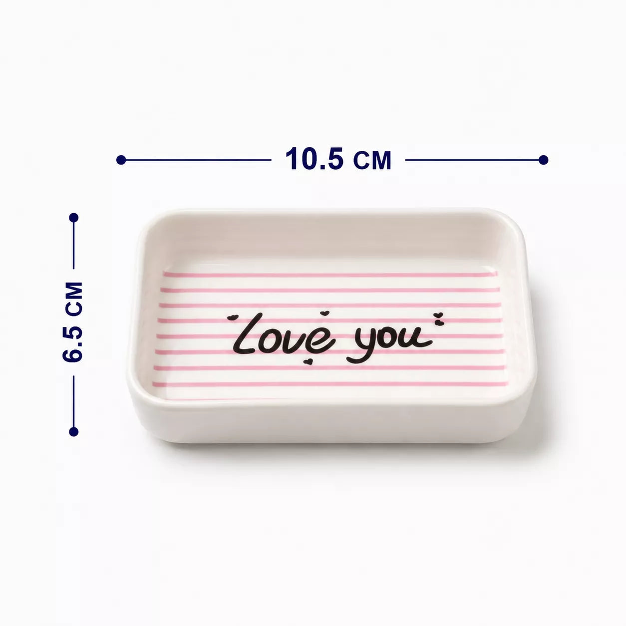 A rectangular white with pink horizontal stripes and the words 'Love you' written in black script inside, shown with dimension lines indicating 10.5 cm width and 6.