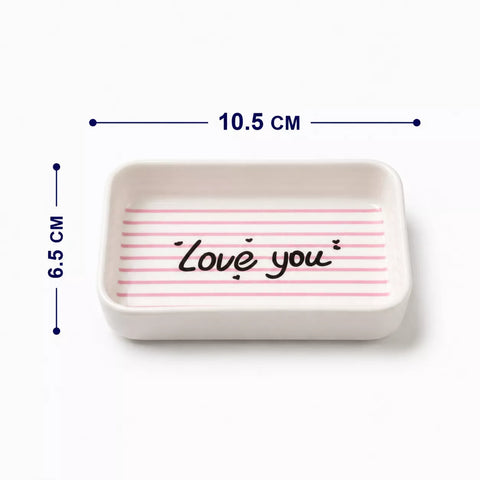 A rectangular white with pink horizontal stripes and the words 'Love you' written in black script inside, shown with dimension lines indicating 10.5 cm width and 6.
