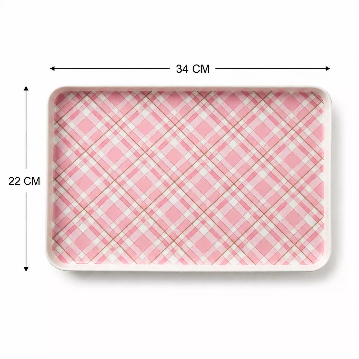A rectangular tray with rounded corners, featuring a pink and white plaid pattern, shown with dimension arrows and labels indicating 34 cm in width and 22 cm in height.