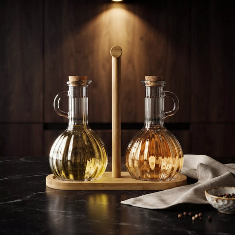 Two ribbed clear glass oil bottles with cork stoppers and side handles, displayed on a wooden stand on a dark countertop with warm ambient lighting.