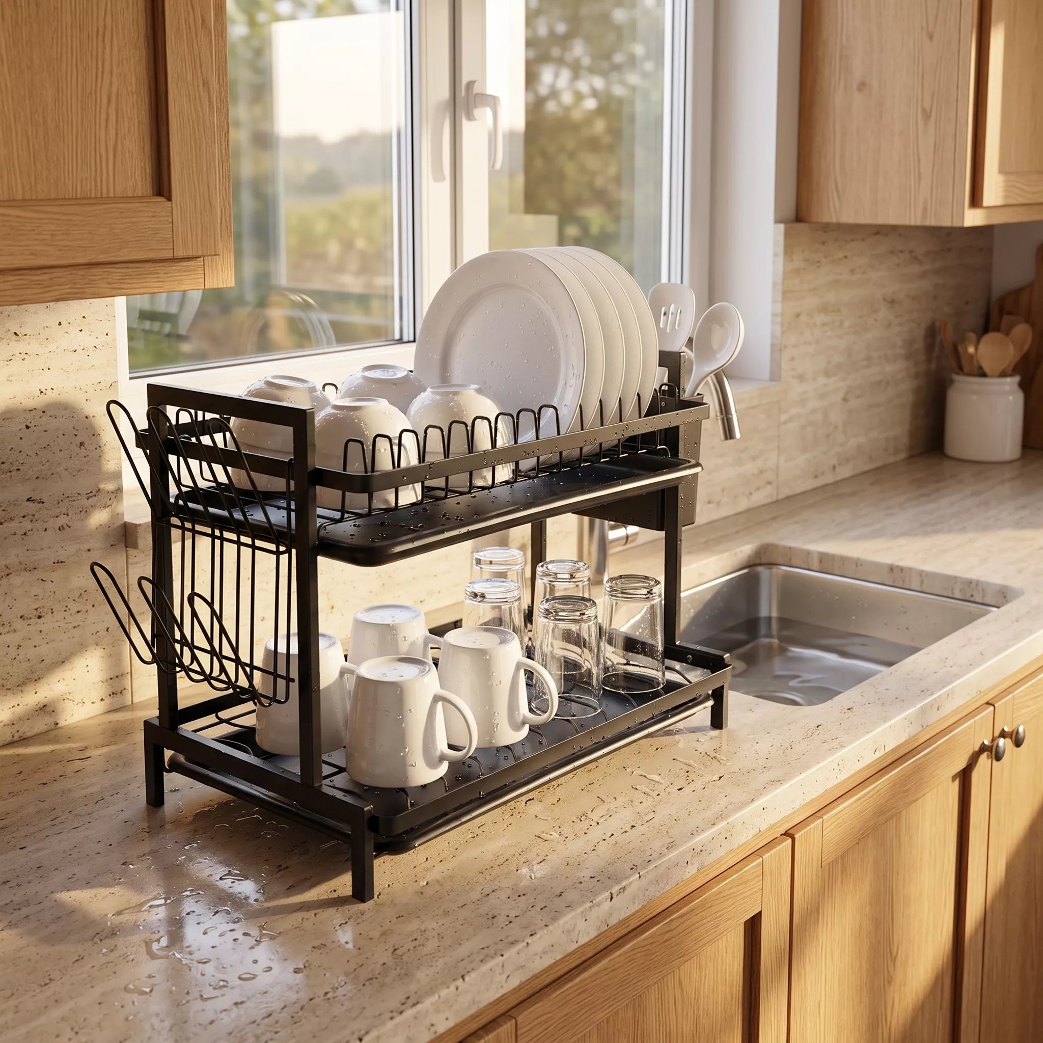 A two-tier black metal dish rack filled with white plates, mugs, and glasses, set on a beige kitchen countertop next to a sink.