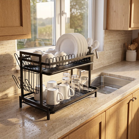 A two-tier black metal dish rack filled with white plates, mugs, and glasses, set on a beige kitchen countertop next to a sink.