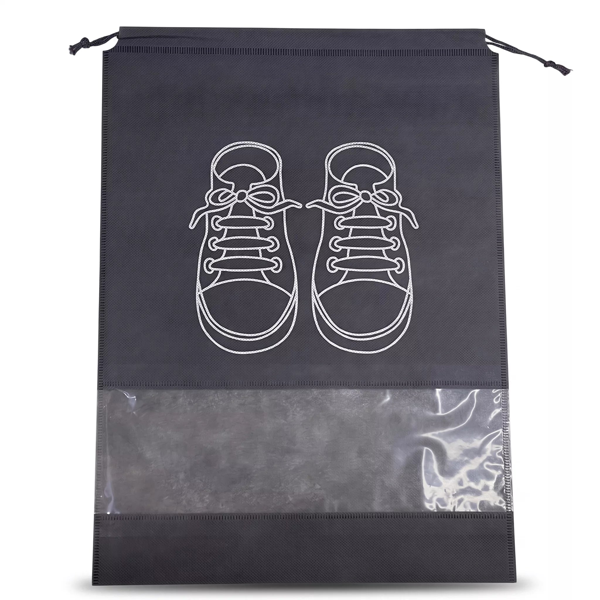 A black drawstring shoe bag with a clear plastic window at the bottom and a white line-art graphic of a pair of sneakers on the front.