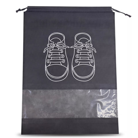 A black drawstring shoe bag with a clear plastic window at the bottom and a white line-art graphic of a pair of sneakers on the front.