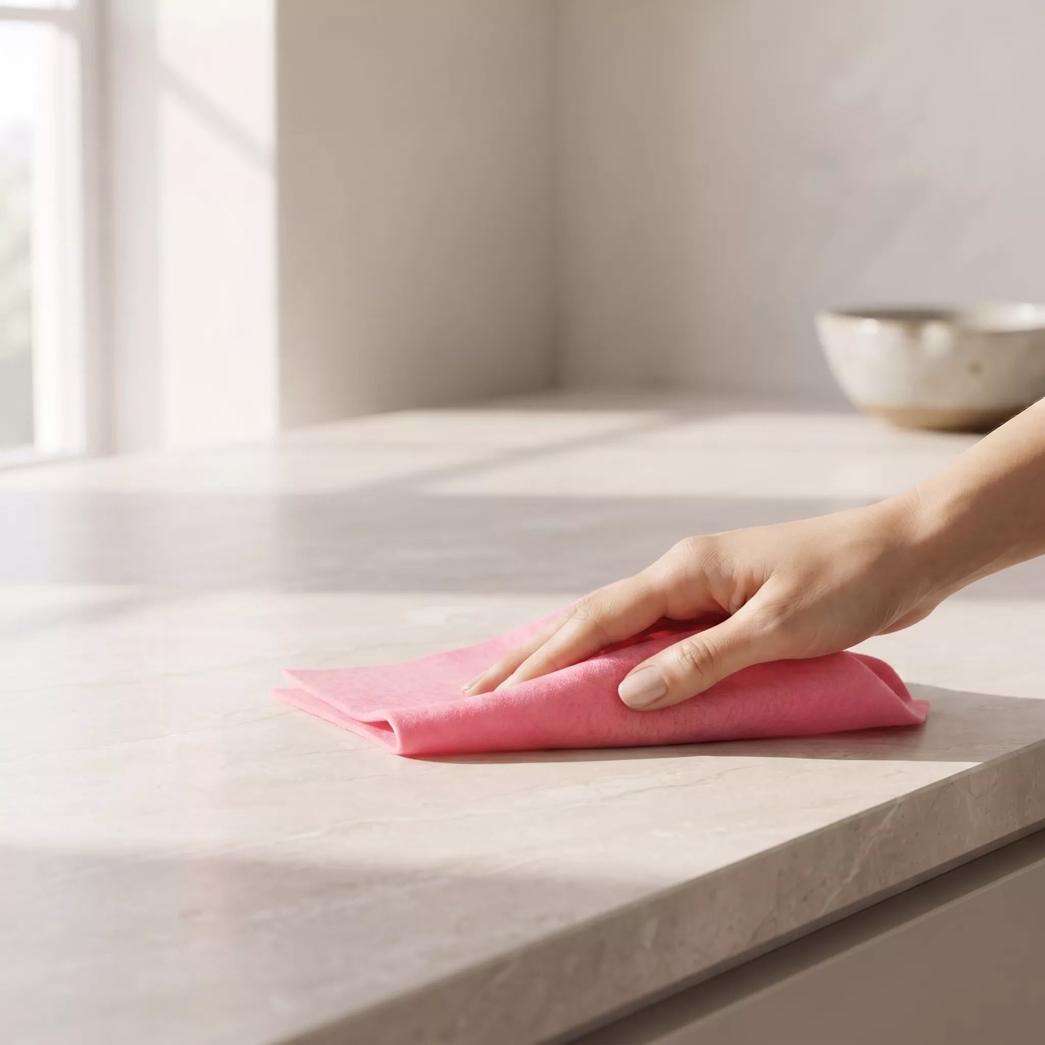 A hand wipes a light beige marble countertop with a folded pink microfiber cloth in a bright, modern kitchen setting.