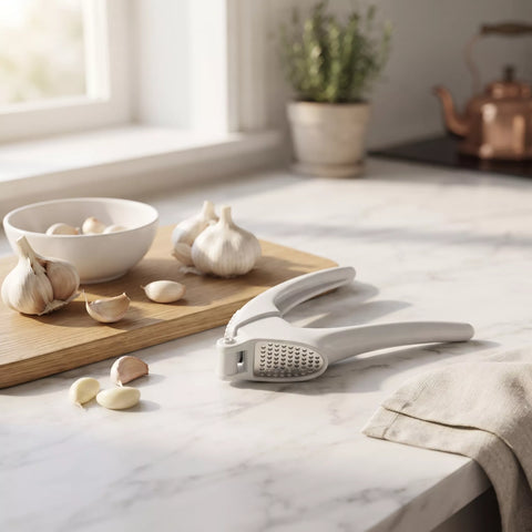 A white garlic press with a built-in grater lies on a marble kitchen countertop next to garlic cloves, a wooden cutting board, a small white bowl of garlic, and a beige cloth. In the softly blurred background, a potted plant and copper teapot sit near a window.