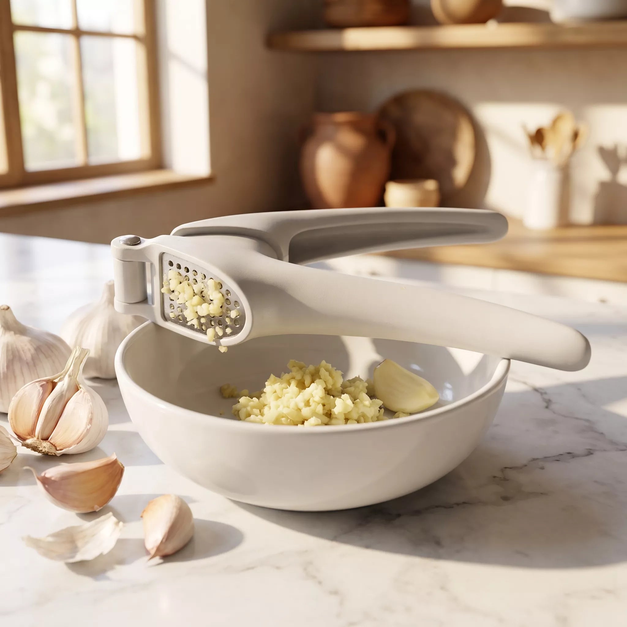 A light gray garlic press resting over a white ceramic bowl filled with minced garlic, set on a marble countertop in a warm, sunlit kitchen with garlic bulbs nearby.