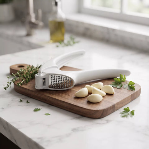 A white garlic press resting on a wooden cutting board with garlic cloves and herbs on a marble kitchen countertop.