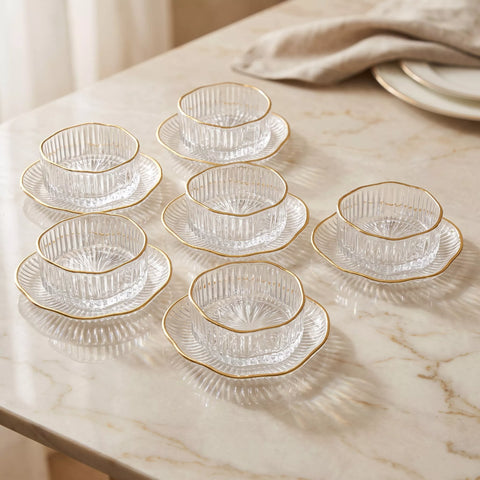 Gold Rim Glass Serving Bowl Set with Saucers – 12 Pieces