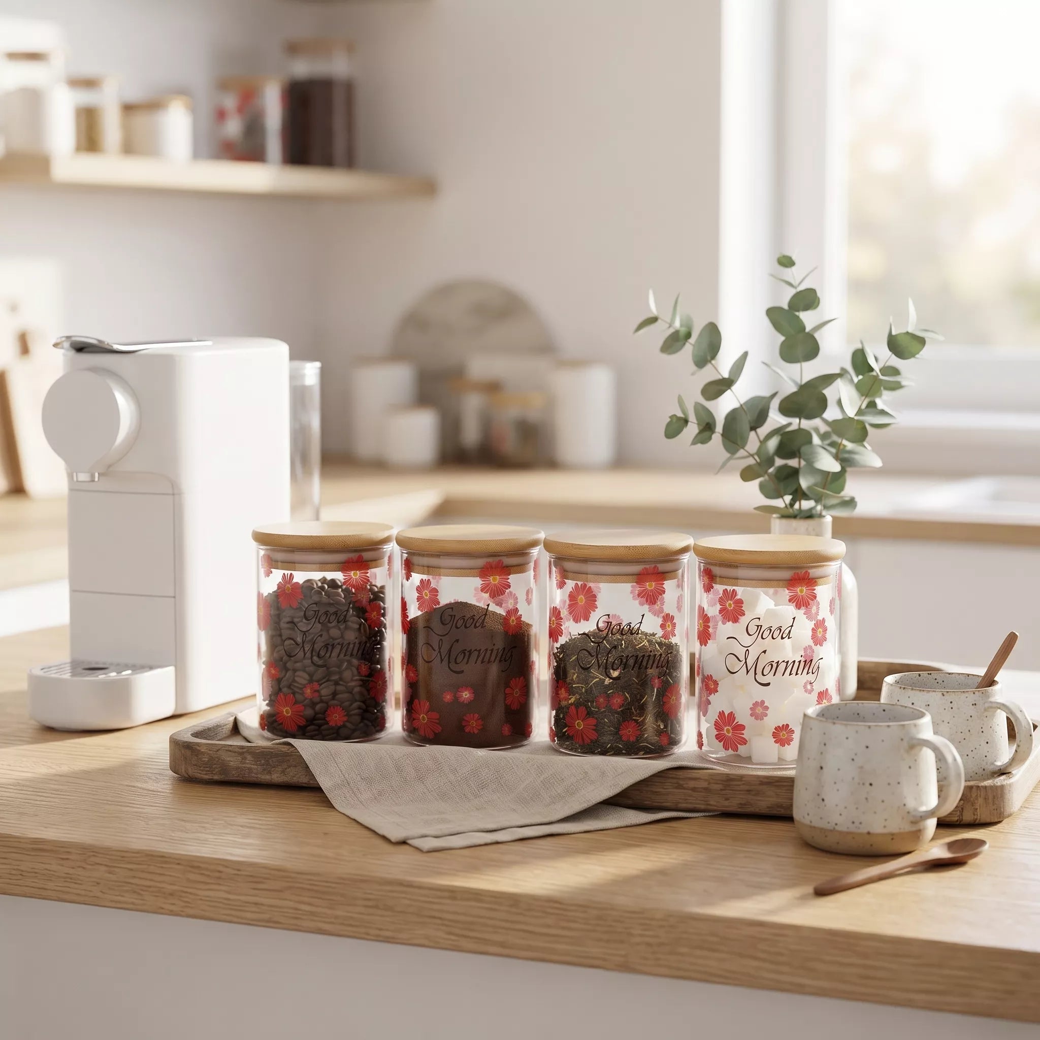 Four clear glass jars with light wood lids, filled with dried berries and printed with 'Good Morning' in black script and red floral motifs, arranged on a wooden tray on a kitchen counter next to a white coffee machine and ceramic mugs.