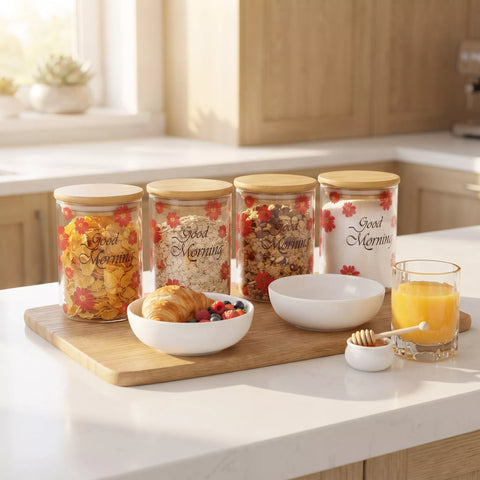 Four clear glass canisters with light wood lids labeled 'Good Morning' are arranged on a wooden tray on a kitchen counter, filled with colorful cereals and surrounded by breakfast items including a bowl of fruit, a croissant, a white bowl, and a glass of orange juice.