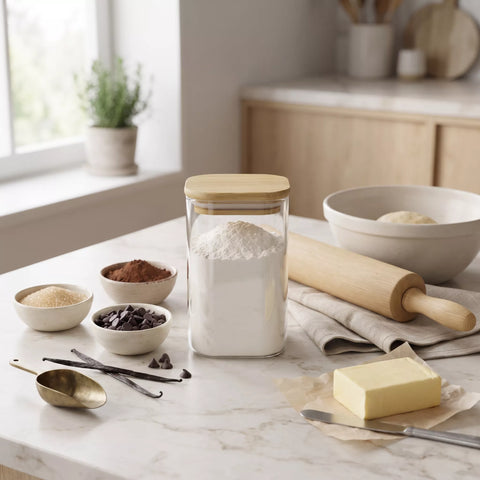 A clear glass canister with a light wood lid filled with white flour stands on a marble countertop in a bright kitchen setting, surrounded by baking ingredients, a wooden rolling pin, bowls, and a stick of butter.