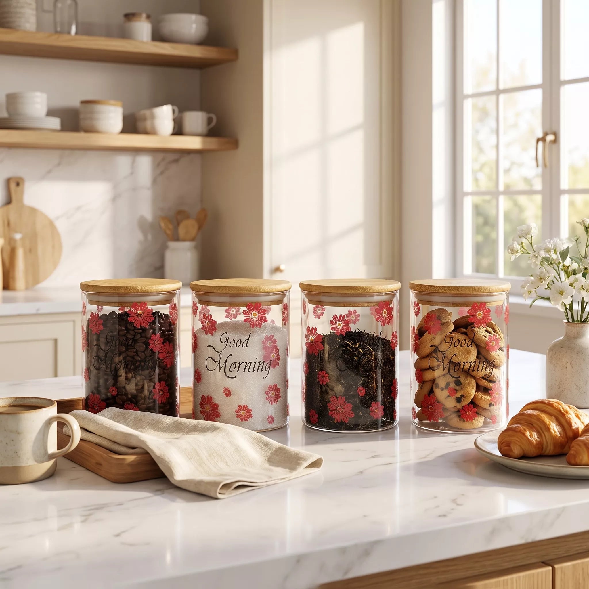 Four clear glass canisters with light wood lids are arranged on a white marble kitchen counter. The canisters are decorated with red floral patterns and one has a white center with black script reading 'Good Morning.