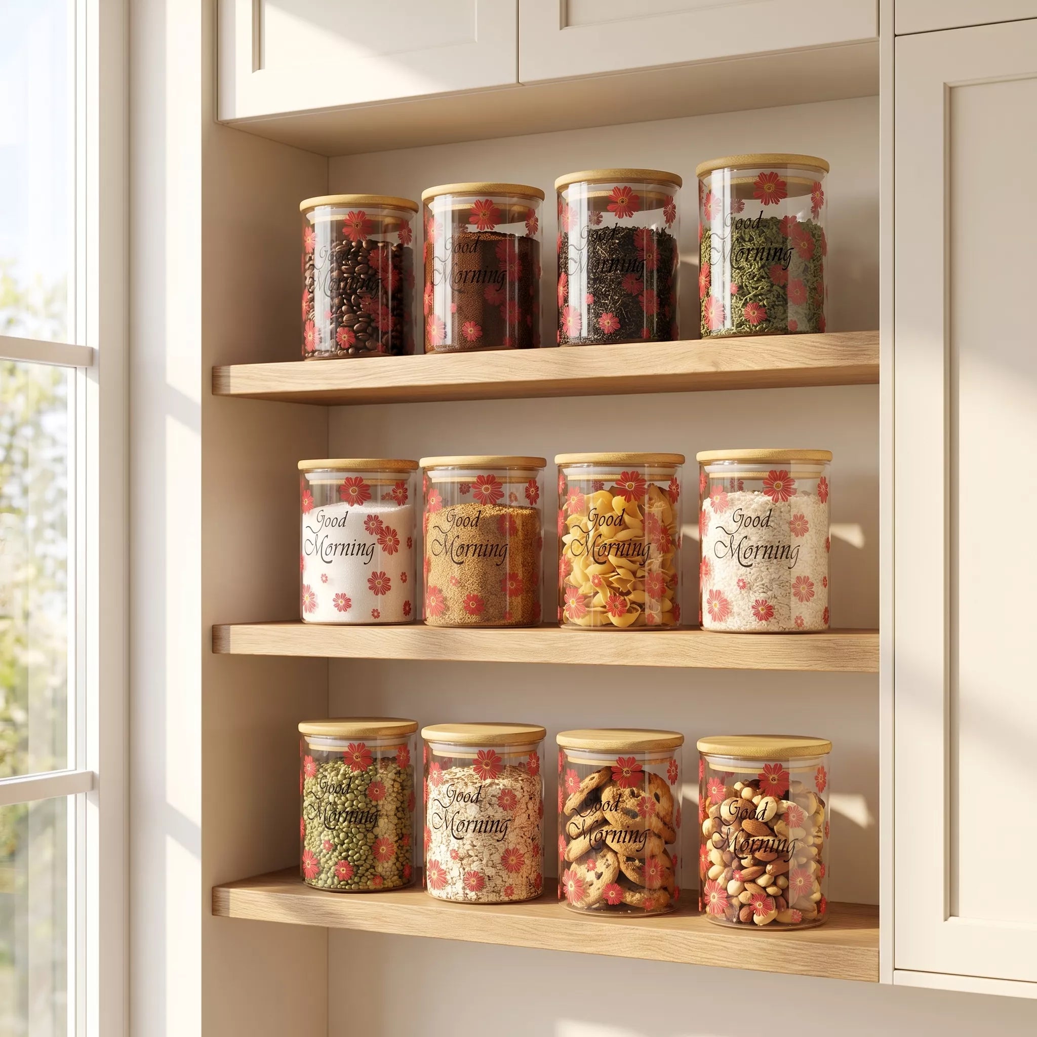 Nine clear glass canisters with light wood lids are arranged on three wooden shelves in a bright kitchen pantry. Each jar has a different colorful dried food contents and floral label, including 'Good Morning' and 'Good Evening'.