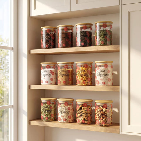Nine clear glass canisters with light wood lids are arranged on three wooden shelves in a bright kitchen pantry. Each jar has a different colorful dried food contents and floral label, including 'Good Morning' and 'Good Evening'.