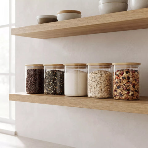 Five clear glass canisters with light wood lids are arranged on two light wood floating shelves against a white wall. The jars contain dark beans, mixed seeds, white flour, oats, and a granola mix.