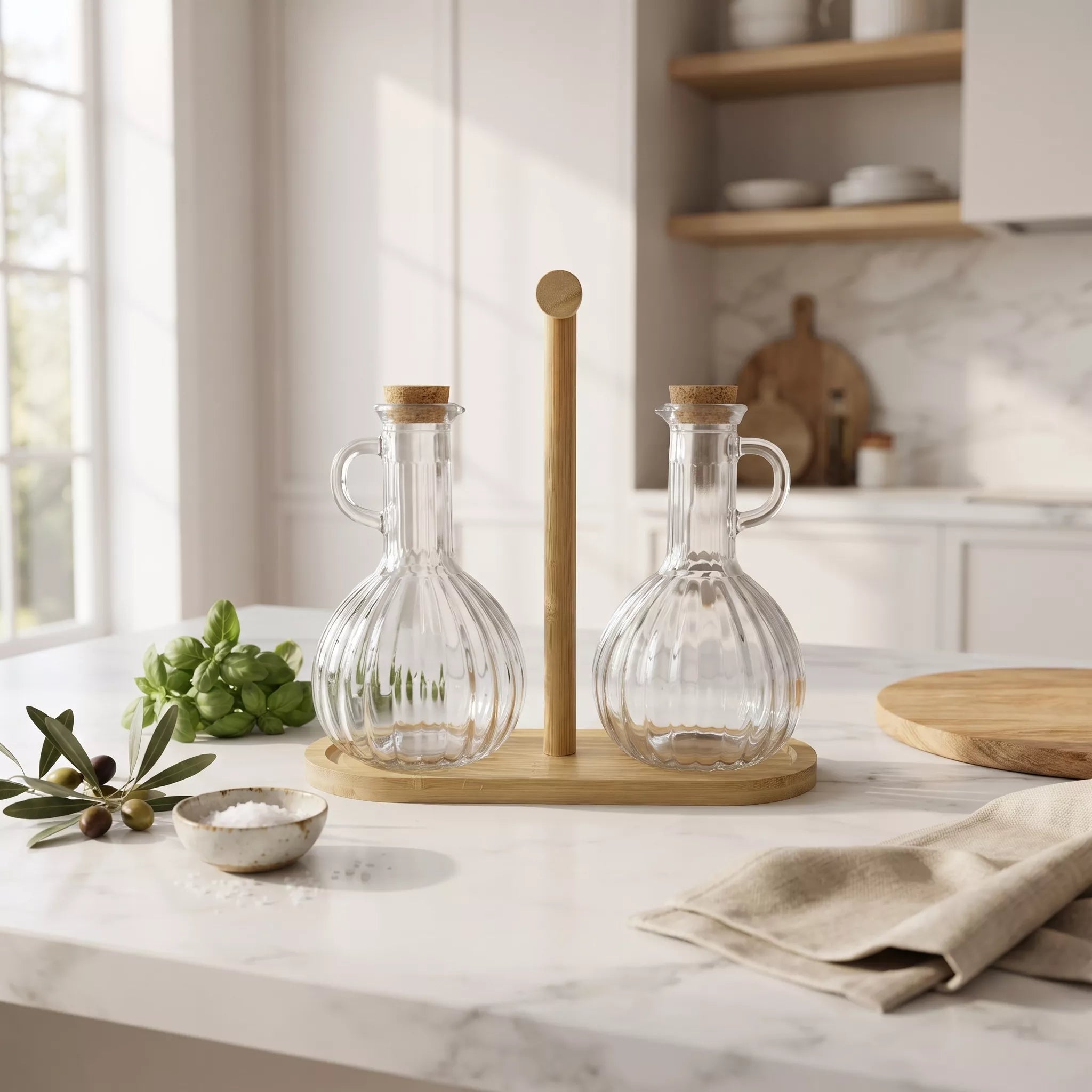 Two clear ribbed glass oil or vinegar bottles with cork stoppers and small side handles, displayed on a wooden stand in a bright kitchen setting.