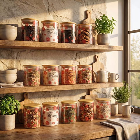 A set of clear glass canisters with light wood lids and floral labels, filled with dried herbs and spices, arranged on rustic wooden shelves in a warm, sunlit kitchen setting.