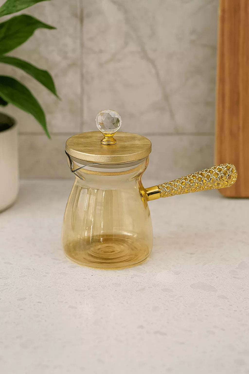 تفاصيل يد جولد لكنكة قهوة بيركس زجاج حراري | Gold handle detail Pyrex heat resistant coffee pot