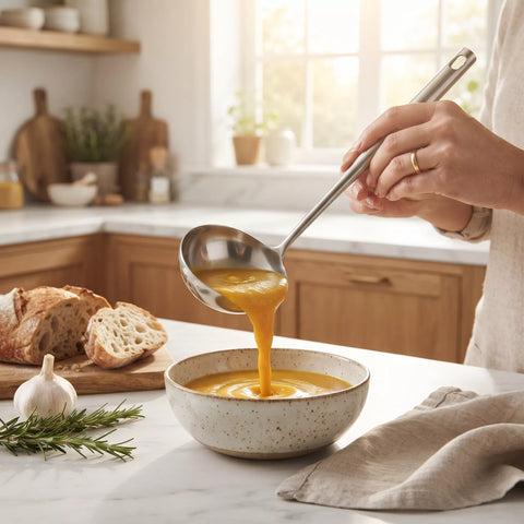 A person's hands use a stainless steel ladle to pour orange soup into a speckled ceramic bowl on a white marble countertop in a warm, sunlit kitchen. Slices of rustic bread, a garlic bulb, and a sprig of rosemary are visible nearby.