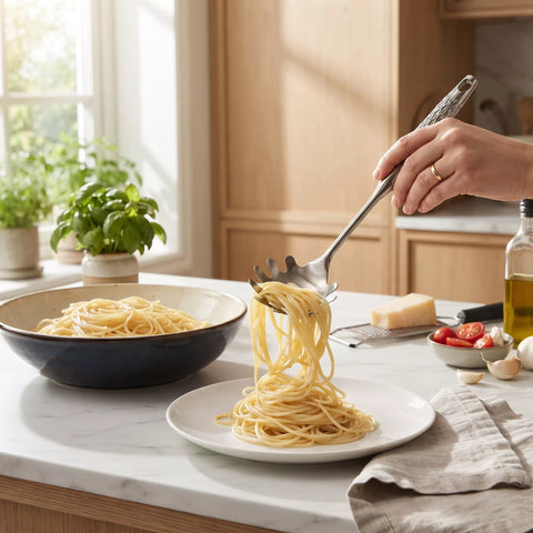 A hand uses a silver pasta server to lift spaghetti from a white plate, with a dark bowl of pasta and kitchen ingredients on a marble countertop in a warm, sunlit kitchen.