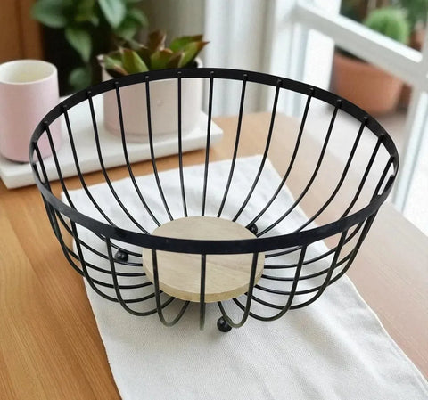 Modern Metal Fruit Plate with Natural Wooden Base – Stylish Kitchen Decor