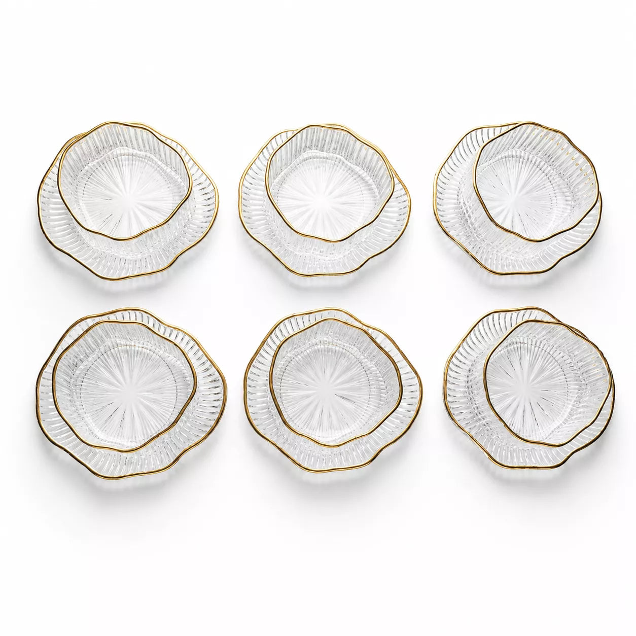 Six clear glass bowls with scalloped edges and a thin gold rim, arranged in two rows of three on a white background.
