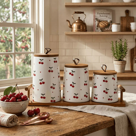 Ceramic Storage Canisters Set of 3 with Cherry Pattern & Wooden Tray