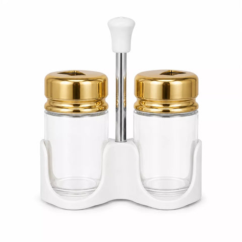 2-Piece Glass Salt & Pepper Shaker Set with Gold Lids & Holder – 100ml