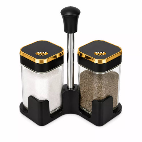 2-Piece Square Glass Salt & Pepper Shaker Set with Black & Gold Lids & Holder – 100ml