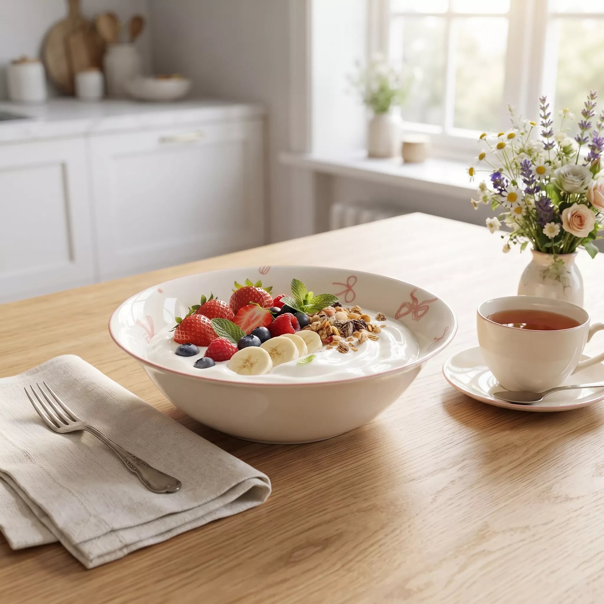 A large white ceramic bowl with delicate pink floral patterns, filled with yogurt, fresh strawberries, blueberries, and granola, set on a wooden table in a bright kitchen. A folded beige napkin with a fork, a cup of tea, and a vase of flowers are arranged nearby.