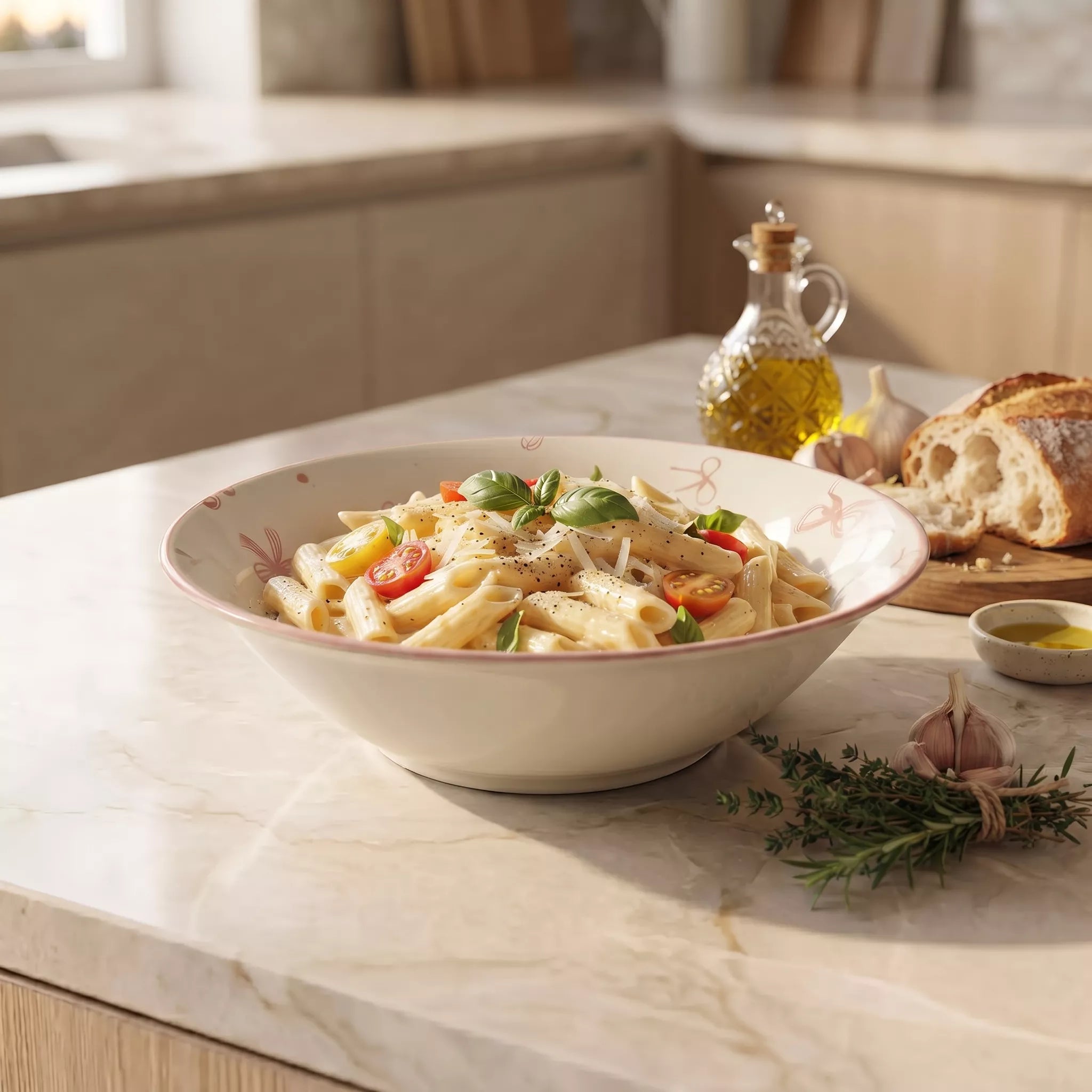 A large cream-colored ceramic bowl with a delicate pink floral pattern, filled with penne pasta and topped with fresh basil, set on a light marble kitchen countertop with garlic, olive oil, and bread in the background.